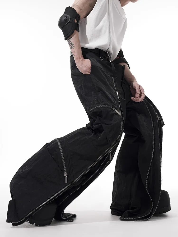 Mauroicardi Frühling Herbst Coole schwarze Baggy-Techwear-Hose mit weitem Bein für Herren mit vielen Reißverschlüssen Luxus-Designer-Kleidung Streetwear Festival Outfits | Techno Shirts | Rave Clothing