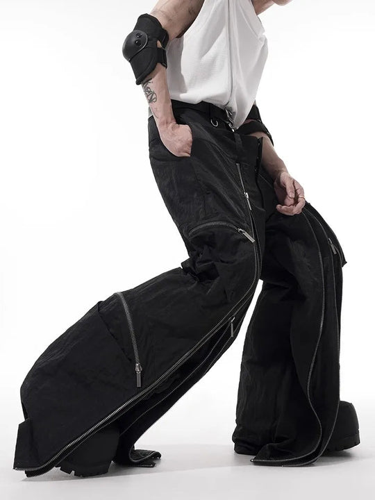 Mauroicardi Frühling Herbst Coole schwarze Baggy-Techwear-Hose mit weitem Bein für Herren mit vielen Reißverschlüssen Luxus-Designer-Kleidung Streetwear Festival Outfits | Techno Shirts | Rave Clothing