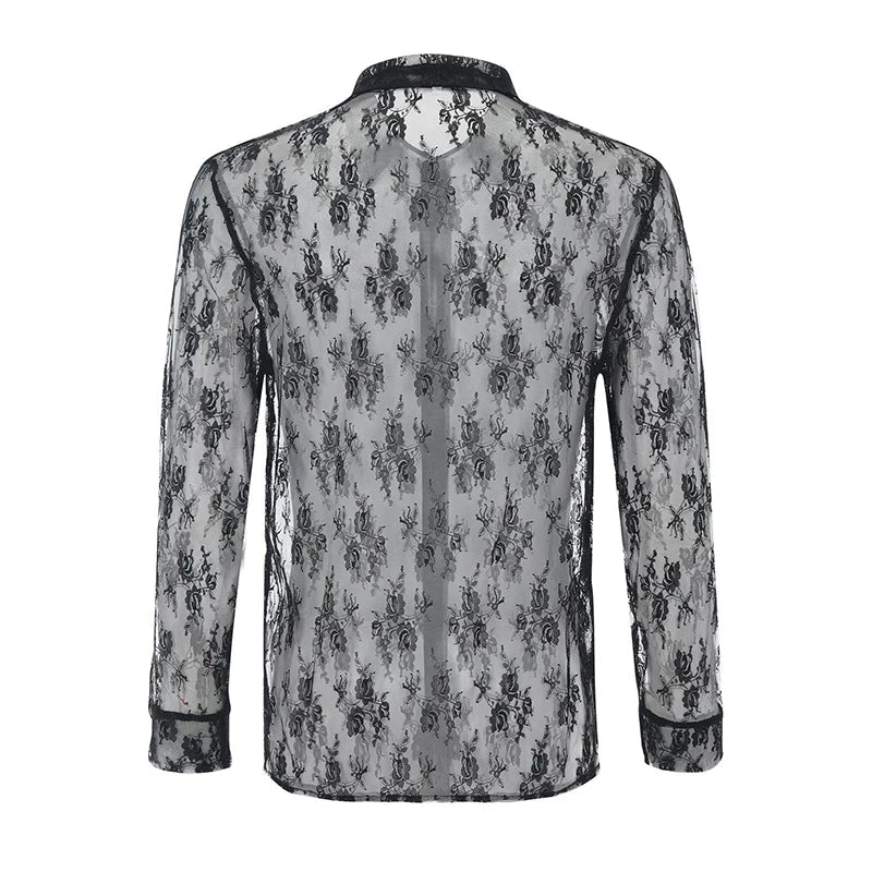 Men's Mesh See Through Mesh Sexy Lace Shirt Long Sleeve Fishnet Hollow Out Vintage Streetwear Slim Fashion Party Clothing S-XL Festival Outfits | Techno Shirts | Rave Clothing