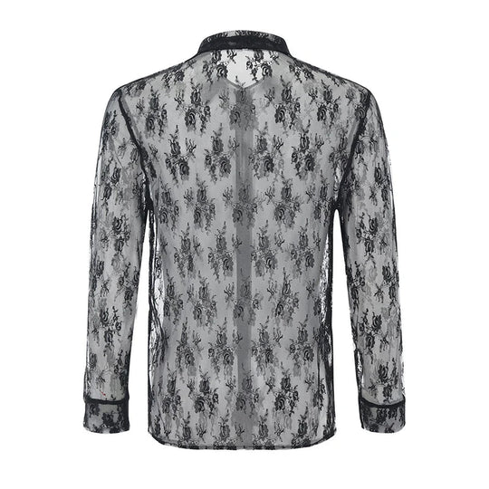 Men's Mesh See Through Mesh Sexy Lace Shirt Long Sleeve Fishnet Hollow Out Vintage Streetwear Slim Fashion Party Clothing S-XL Festival Outfits | Techno Shirts | Rave Clothing