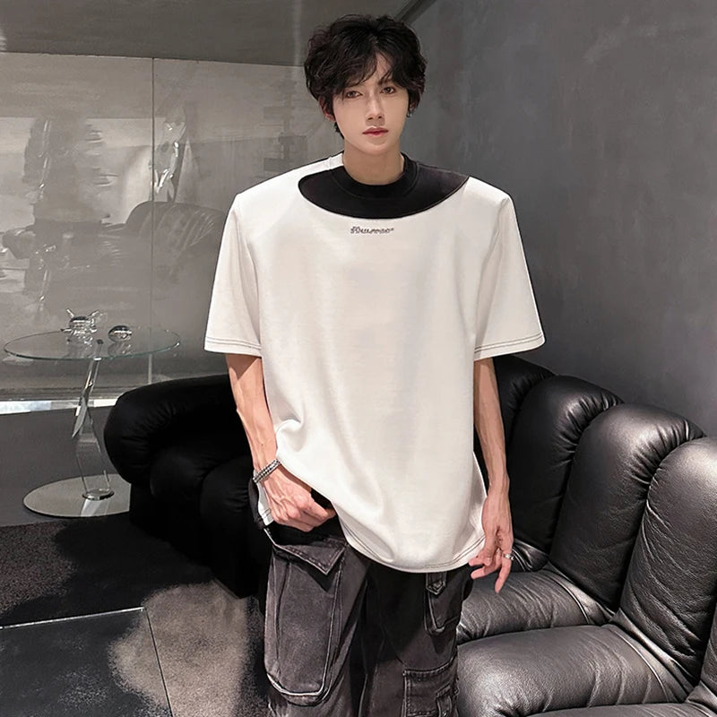 LUZHEN Original Personalisierte Farbe Kontrast Design Kurzarm T-shirts 2025, Sommer Hübsche Schulter Pad Casual Tops JY1473 Festival Outfits | Techno Shirts | Rave Clothing
