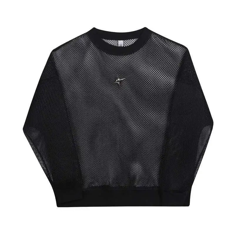 LUZHEN 2025 Frühling High Street Perspektive Original Mesh Design Pullover Herrenmode Metall Schnalle Schmücken Casual Tops LZ3027 Festival Outfits | Techno Shirts | Rave Clothing