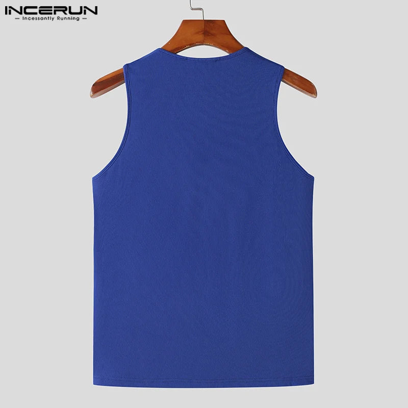 Incerun Tops 2024 koreanischen Stil Männer Schulter gurt Design sexy elastische Westen lässig gut sitzende solide ärmellose Weste S-5XL Festival Outfits | Techno Shirts | Rave Clothing