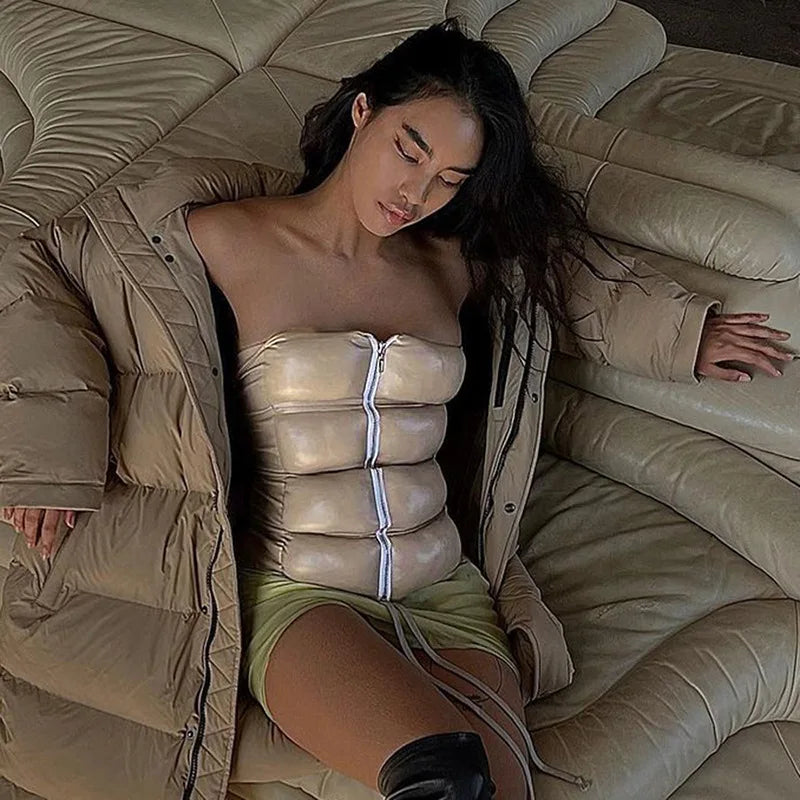 Sexy Frauen Shiny Gold Silber Bustier Crop Tops Helle PU Leder Krone Gürtel Abnehmen Taille Liebsten Low-cut Korsett top Sommer Festival Outfits | Techno Shirts | Rave Clothing