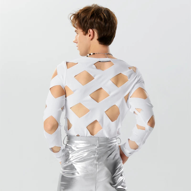 INCERUN Men Bodysuits Solid Color Hollow Out Sexy O-neck Long Sleeve Men T Shirts Rompers Streetwear 2024 Fashion Bodysuit S-3XL Festival Outfits | Techno Shirts | Rave Clothing