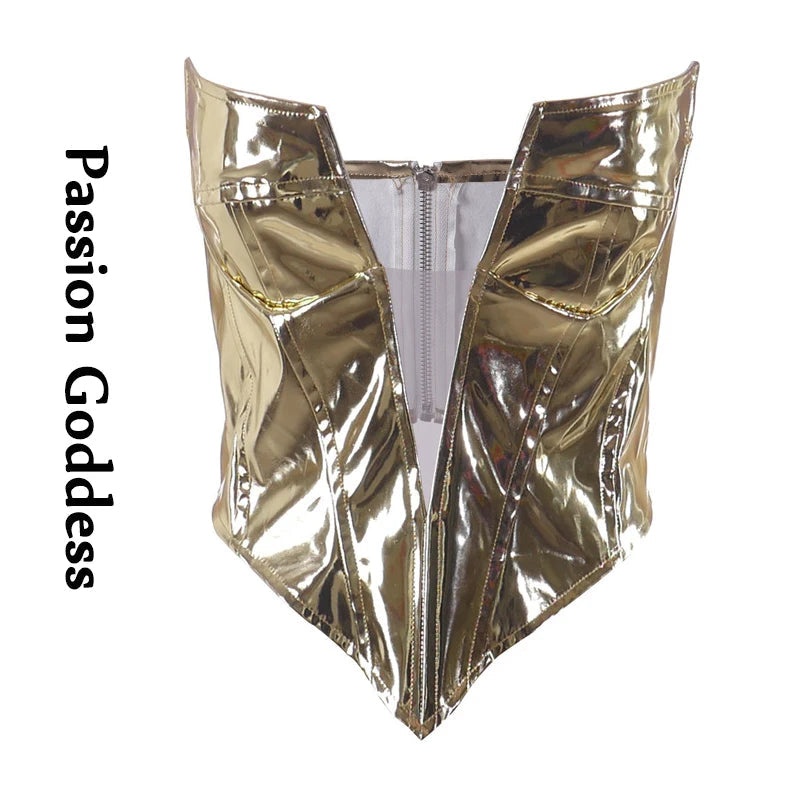 Sexy Frauen Shiny Gold Silber Bustier Crop Tops Helle PU Leder Krone Gürtel Abnehmen Taille Liebsten Low-cut Korsett top Sommer Festival Outfits | Techno Shirts | Rave Clothing