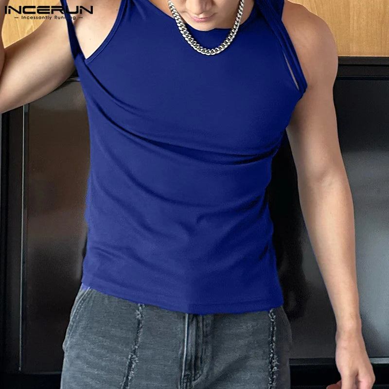Incerun Tops 2024 koreanischen Stil Männer Schulter gurt Design sexy elastische Westen lässig gut sitzende solide ärmellose Weste S-5XL Festival Outfits | Techno Shirts | Rave Clothing