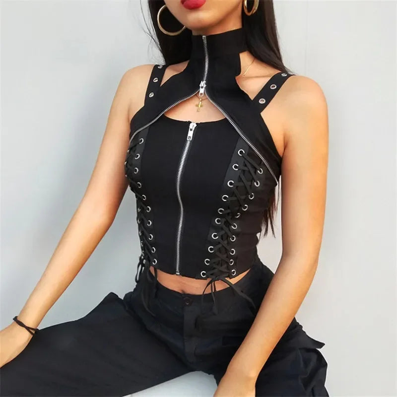 Y2k dunkle Punk Gothic Korsett Weste Frauen hohe Taille Bandage Ernte Tanktops Streetwear Emo Alt Harajuku Halfter Rave Outfits Festival Outfits | Techno Shirts | Rave Clothing