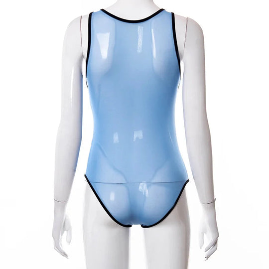 2024 neue durchsichtige Mesh aushöhlen Bodysuit Frauen Sommer lila Patchwork Bodys sexy Bade bekleidung Frauen Festival Outfit Korsett Top Festival Outfits | Techno Shirts | Rave Clothing