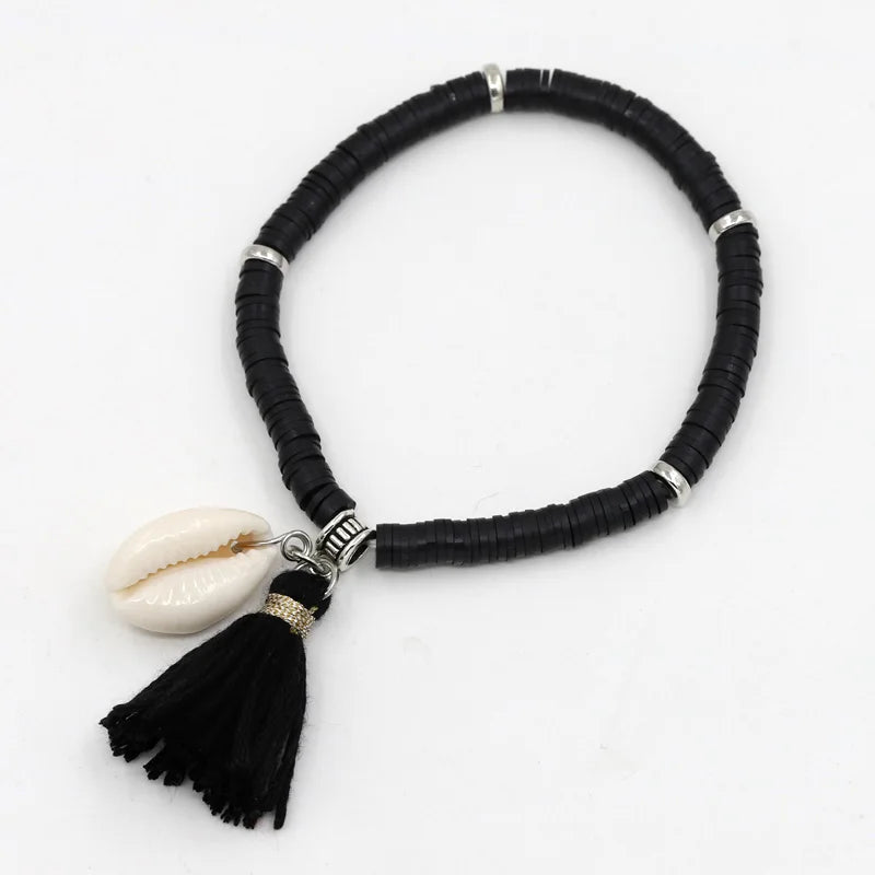 Handgemachte Schmuck Boho Armbänder für Frauen Mode Bunte Polymer Clay Perlen Shell Quaste Armband Geschenke für Weibliche Mädchen Festival Outfits | Techno Shirts | Rave Clothing