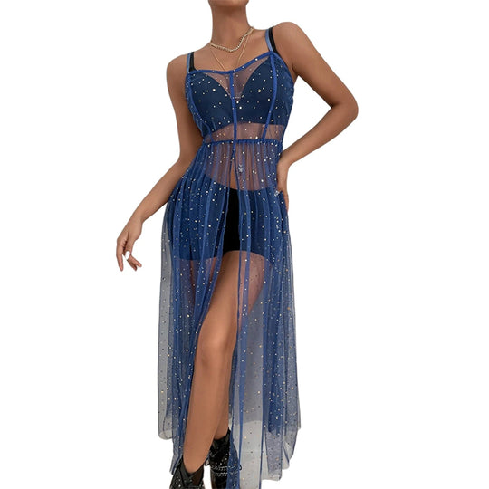 Frauen Glänzende Pailletten Cover Up Kleid Casual Ärmelloses Rückenfreies Sheer Mesh Lose Split Kleid Sommer Urlaub  Strandkittel Festival Outfits | Techno Shirts | Rave Clothing