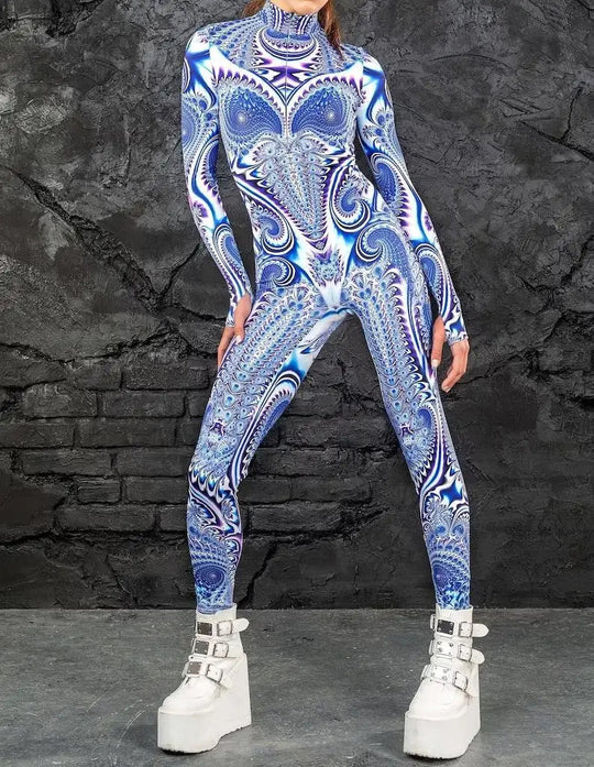 Colorful 3D Printing Women Holiday Party Cyber Punk Rainbow Jumpsuit Onesie Halloween Cosplay Costume Elastic Bodysuit Romper Festival Outfits | Techno Shirts | Rave Clothing