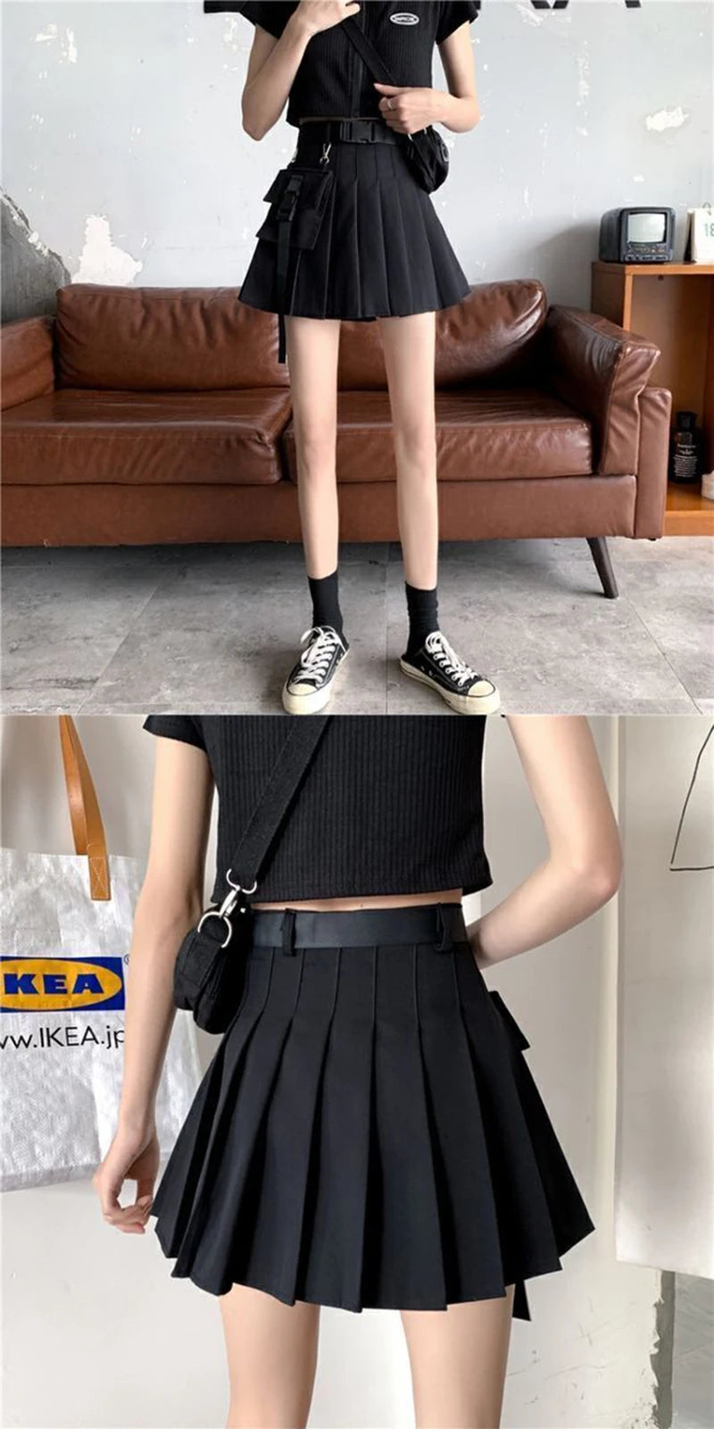 Zoki Harajuku Gürtel Plissee Cargo Rock Frauen Mode Gothic Hohe Taille Tasche Mini Röcke Mode Sommer Dame EINE Linie Schwarz Rock Festival Outfits | Techno Shirts | Rave Clothing