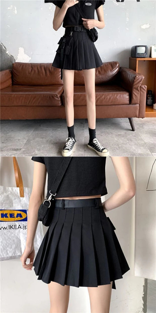 Zoki Harajuku Gürtel Plissee Cargo Rock Frauen Mode Gothic Hohe Taille Tasche Mini Röcke Mode Sommer Dame EINE Linie Schwarz Rock Festival Outfits | Techno Shirts | Rave Clothing