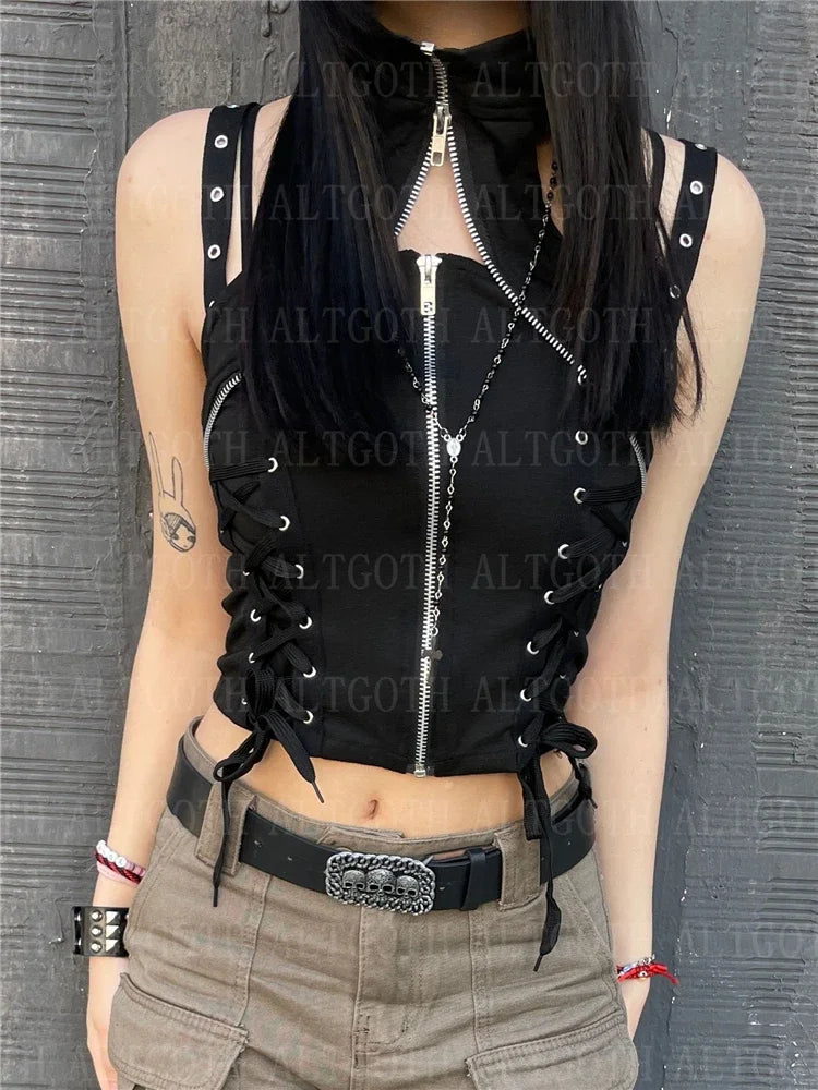 Y2k dunkle Punk Gothic Korsett Weste Frauen hohe Taille Bandage Ernte Tanktops Streetwear Emo Alt Harajuku Halfter Rave Outfits Festival Outfits | Techno Shirts | Rave Clothing