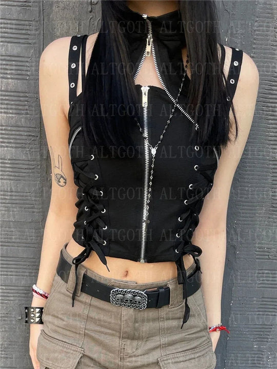 Y2k dunkle Punk Gothic Korsett Weste Frauen hohe Taille Bandage Ernte Tanktops Streetwear Emo Alt Harajuku Halfter Rave Outfits Festival Outfits | Techno Shirts | Rave Clothing