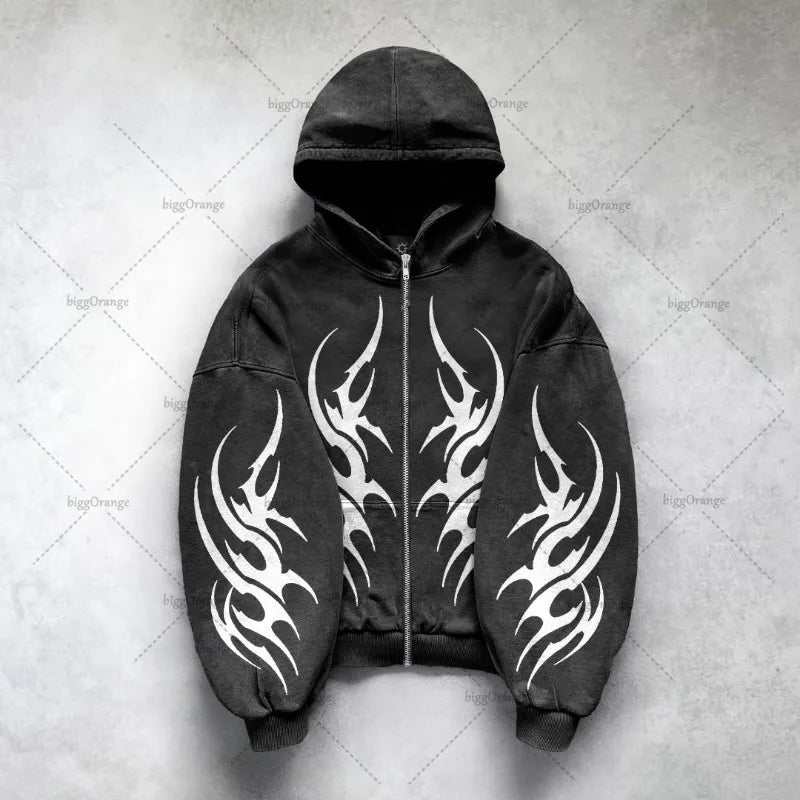 Gothic Punk Grafik Druck Übergroßen Sweatshirt High Street Harajuku Y2K Streetwear Jacke Männer Hip Hop Retro Casual Zipper Hoodie Festival Outfits | Techno Shirts | Rave Clothing