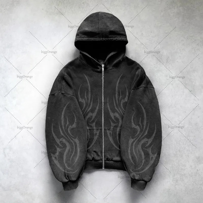 Techno Hoodie Zipper mit Tribal Muster Unisex Look Rave Outfit Hoodie mit Tribal Design Casual Zipper Hoodie