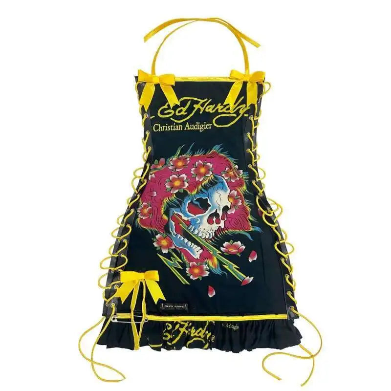 Totenkopf bedruckte Gothic-Minikleider für Damen, Schnürung, Neckholder, sexy Kleider, Slash-Ausschnitt, Y2k-Partykleider, A-Linie, figurbetontes Kleid für Damen Festival Outfits | Techno Shirts | Rave Clothing