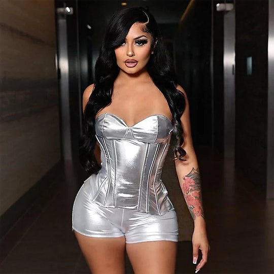 Sexy Frauen Shiny Gold Silber Bustier Crop Tops Helle PU Leder Krone Gürtel Abnehmen Taille Liebsten Low-cut Korsett top Sommer Festival Outfits | Techno Shirts | Rave Clothing