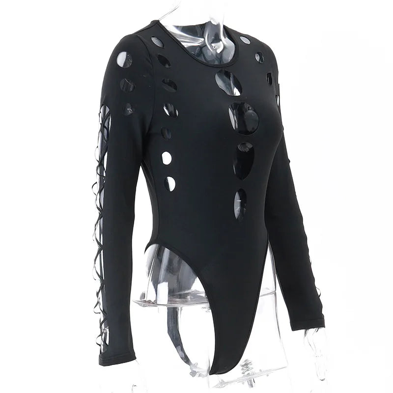 Shestyle Schwarz Aushöhlen Design Körper für Frauen Kalten Schulter Hohe Taille Sexy Halloween Heißer Dame Bodys Neue-Gefunden top Solide Festival Outfits | Techno Shirts | Rave Clothing