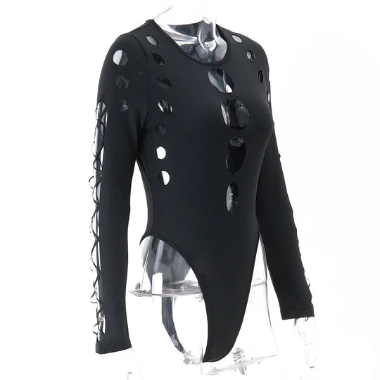 Shestyle Schwarz Aushöhlen Design Körper für Frauen Kalten Schulter Hohe Taille Sexy Halloween Heißer Dame Bodys Neue-Gefunden top Solide Festival Outfits | Techno Shirts | Rave Clothing