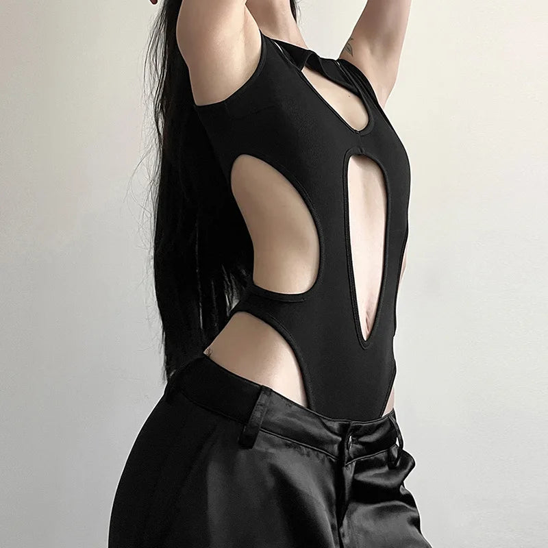Mall Gothic Hollow Out Sexy Bodys Techwear Fashion Y2k Patchwork Tops Damen Grunge Rückenfrei High Cut Slim Bodysuit Festival Outfits | Techno Shirts | Rave Clothing
