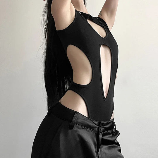 Mall Gothic Hollow Out Sexy Bodys Techwear Fashion Y2k Patchwork Tops Damen Grunge Rückenfrei High Cut Slim Bodysuit Festival Outfits | Techno Shirts | Rave Clothing