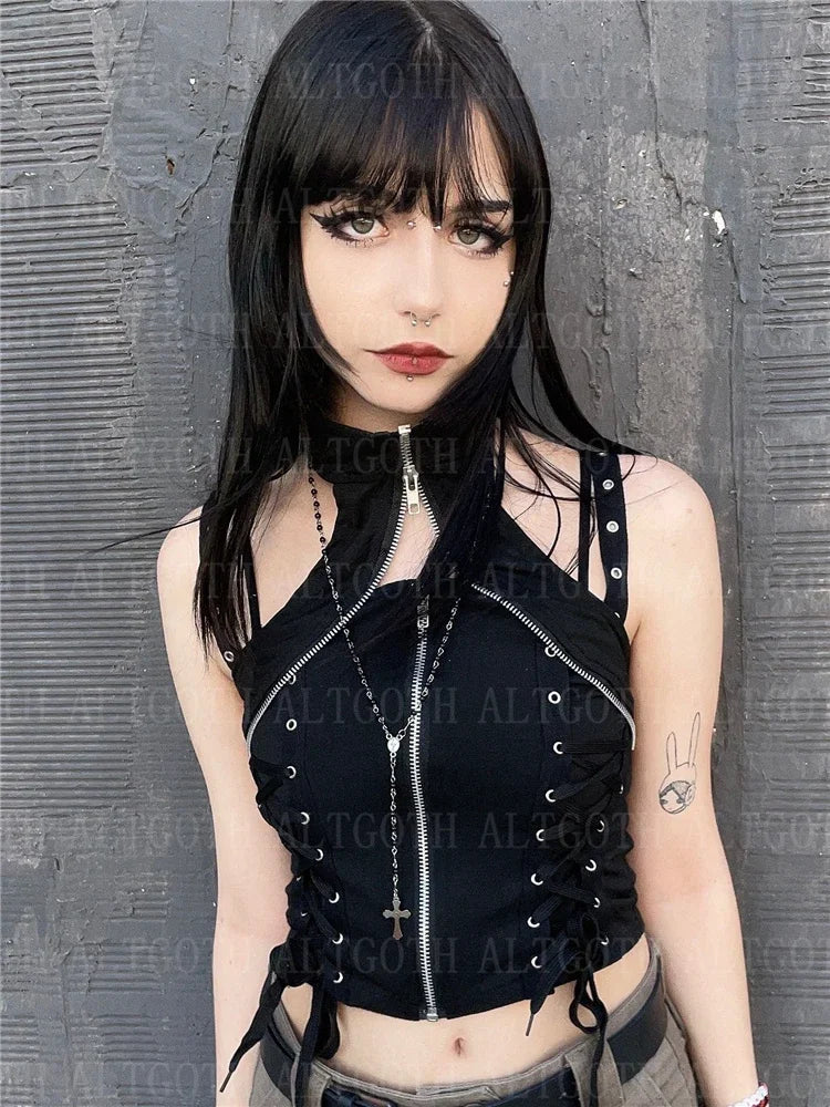 Y2k dunkle Punk Gothic Korsett Weste Frauen hohe Taille Bandage Ernte Tanktops Streetwear Emo Alt Harajuku Halfter Rave Outfits Festival Outfits | Techno Shirts | Rave Clothing