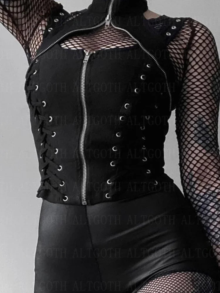 Y2k dunkle Punk Gothic Korsett Weste Frauen hohe Taille Bandage Ernte Tanktops Streetwear Emo Alt Harajuku Halfter Rave Outfits Festival Outfits | Techno Shirts | Rave Clothing