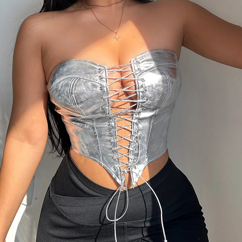 Sexy Frauen Shiny Gold Silber Bustier Crop Tops Helle PU Leder Krone Gürtel Abnehmen Taille Liebsten Low-cut Korsett top Sommer Festival Outfits | Techno Shirts | Rave Clothing