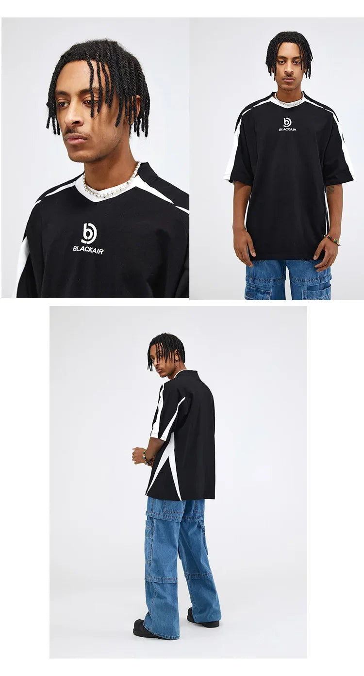 Vintage Gespleißte Schulter Kurzarm T-Shirt Männer Frauen Sommer Streetwear Oversize Paar Lose-Fit Top Rundhals Material Festival Outfits | Techno Shirts | Rave Clothing