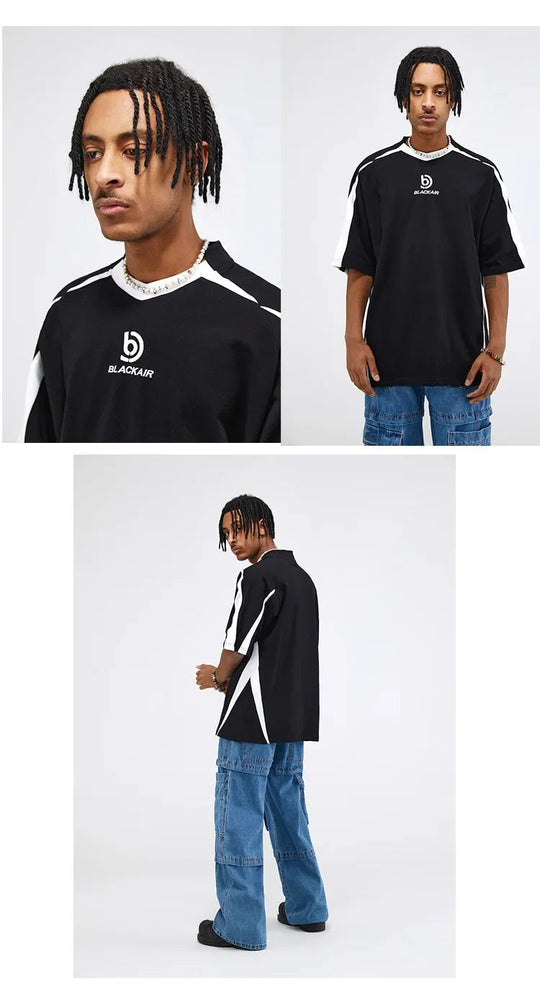 Vintage Gespleißte Schulter Kurzarm T-Shirt Männer Frauen Sommer Streetwear Oversize Paar Lose-Fit Top Rundhals Material Festival Outfits | Techno Shirts | Rave Clothing