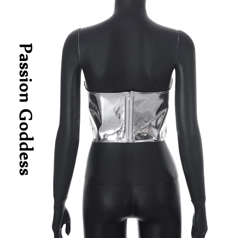 Sexy Frauen Shiny Gold Silber Bustier Crop Tops Helle PU Leder Krone Gürtel Abnehmen Taille Liebsten Low-cut Korsett top Sommer Festival Outfits | Techno Shirts | Rave Clothing