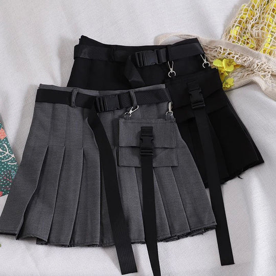 Zoki Harajuku Gürtel Plissee Cargo Rock Frauen Mode Gothic Hohe Taille Tasche Mini Röcke Mode Sommer Dame EINE Linie Schwarz Rock Festival Outfits | Techno Shirts | Rave Clothing