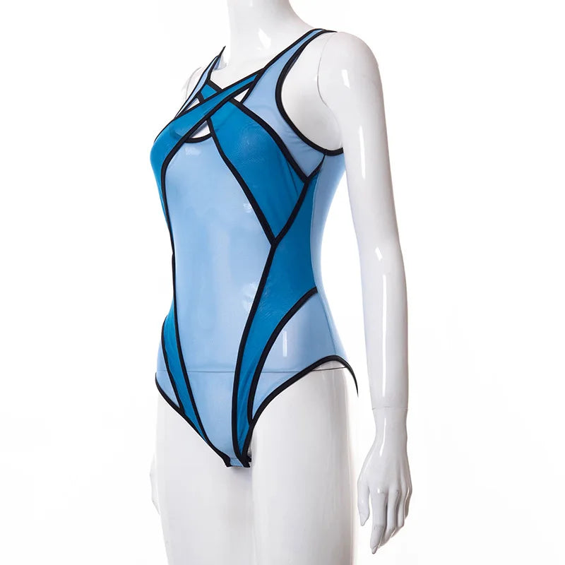 2024 neue durchsichtige Mesh aushöhlen Bodysuit Frauen Sommer lila Patchwork Bodys sexy Bade bekleidung Frauen Festival Outfit Korsett Top Festival Outfits | Techno Shirts | Rave Clothing