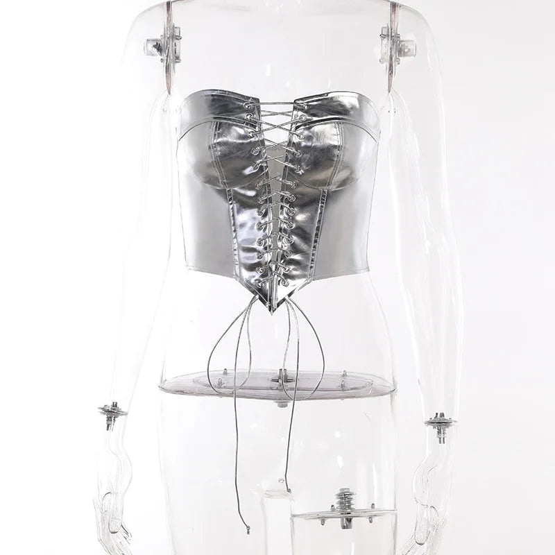Sexy Frauen Shiny Gold Silber Bustier Crop Tops Helle PU Leder Krone Gürtel Abnehmen Taille Liebsten Low-cut Korsett top Sommer Festival Outfits | Techno Shirts | Rave Clothing