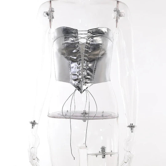 Sexy Frauen Shiny Gold Silber Bustier Crop Tops Helle PU Leder Krone Gürtel Abnehmen Taille Liebsten Low-cut Korsett top Sommer Festival Outfits | Techno Shirts | Rave Clothing