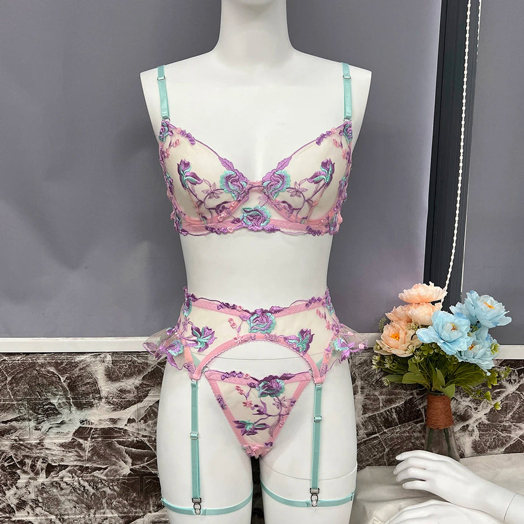 Ellolace Feen-Dessous, florale transparente Unterwäsche, Rüschen-Strumpfband, intime, zarte Unterwäsche, schöne durchsichtige Outfits Festival Outfits | Techno Shirts | Rave Clothing
