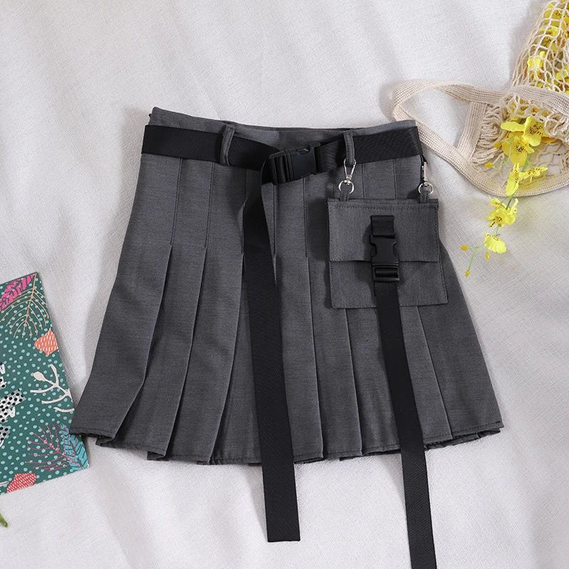 Zoki Harajuku Gürtel Plissee Cargo Rock Frauen Mode Gothic Hohe Taille Tasche Mini Röcke Mode Sommer Dame EINE Linie Schwarz Rock Festival Outfits | Techno Shirts | Rave Clothing