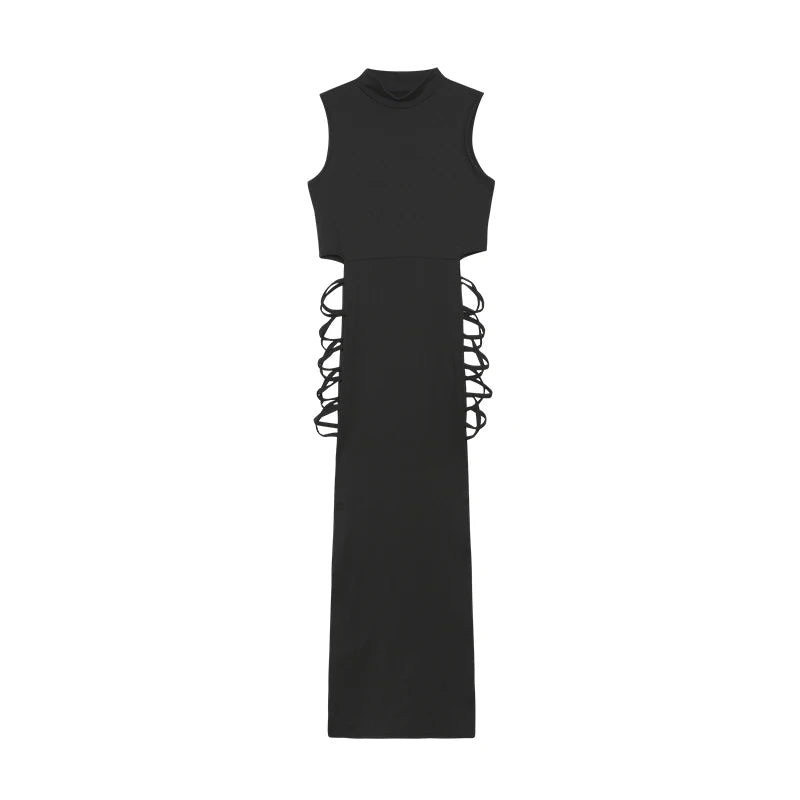 Überkreuztes, ausgeschnittenes Kleid, sexy, figurbetontes, ärmelloses Kleid mit Stehkragen, Damenbekleidung Festival Outfits | Techno Shirts | Rave Clothing