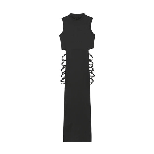 Überkreuztes, ausgeschnittenes Kleid, sexy, figurbetontes, ärmelloses Kleid mit Stehkragen, Damenbekleidung Festival Outfits | Techno Shirts | Rave Clothing