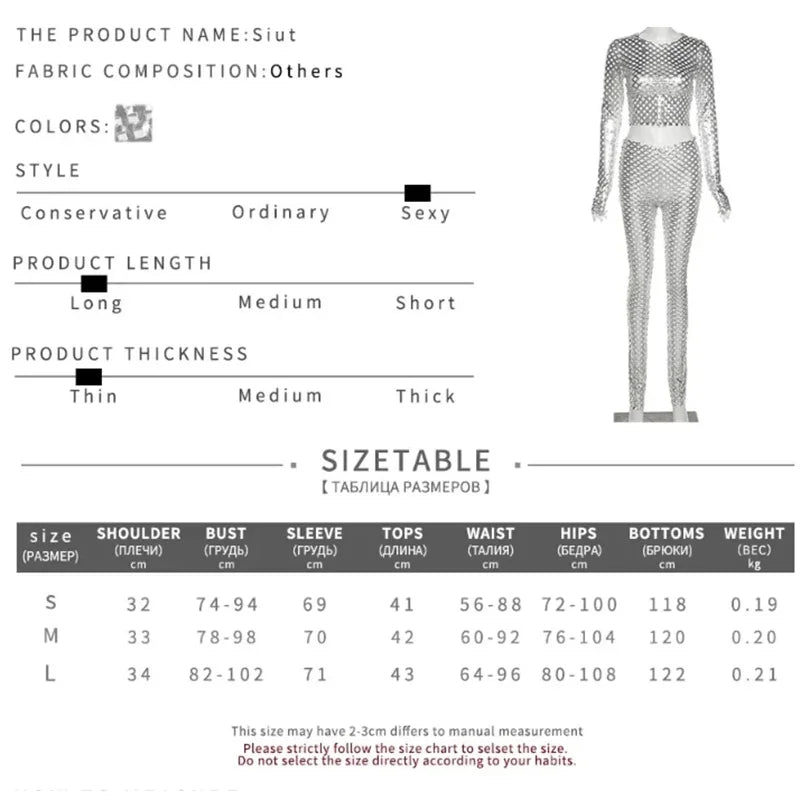 2024 neue Frauen Sexy Aushöhlen Loch Streetwear Trainingsanzug Einfache Schlank Stretch Silber Trainingsanzug Zwei Stück Set Weibliche Festival Outfits | Techno Shirts | Rave Clothing