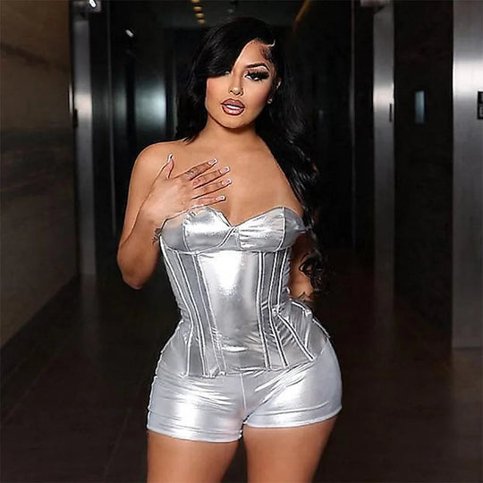 Sexy Frauen Shiny Gold Silber Bustier Crop Tops Helle PU Leder Krone Gürtel Abnehmen Taille Liebsten Low-cut Korsett top Sommer Festival Outfits | Techno Shirts | Rave Clothing