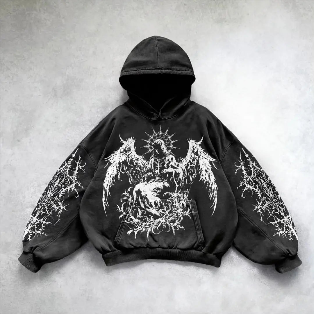 Harajuku Y2K Vintage Punk Einfarbig Gedruckt Männer Casual Hoodie American Gothic Mode Paar Casual Hoodie Sweatshirt Festival Outfits | Techno Shirts | Rave Clothing