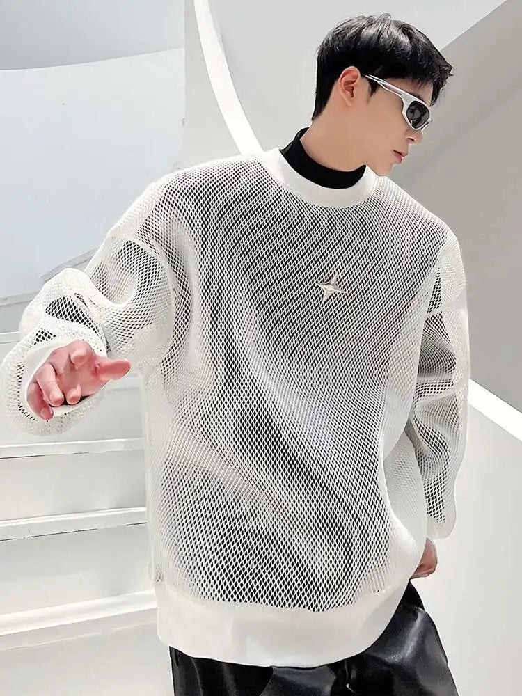 LUZHEN 2025 Frühling High Street Perspektive Original Mesh Design Pullover Herrenmode Metall Schnalle Schmücken Casual Tops LZ3027 Festival Outfits | Techno Shirts | Rave Clothing