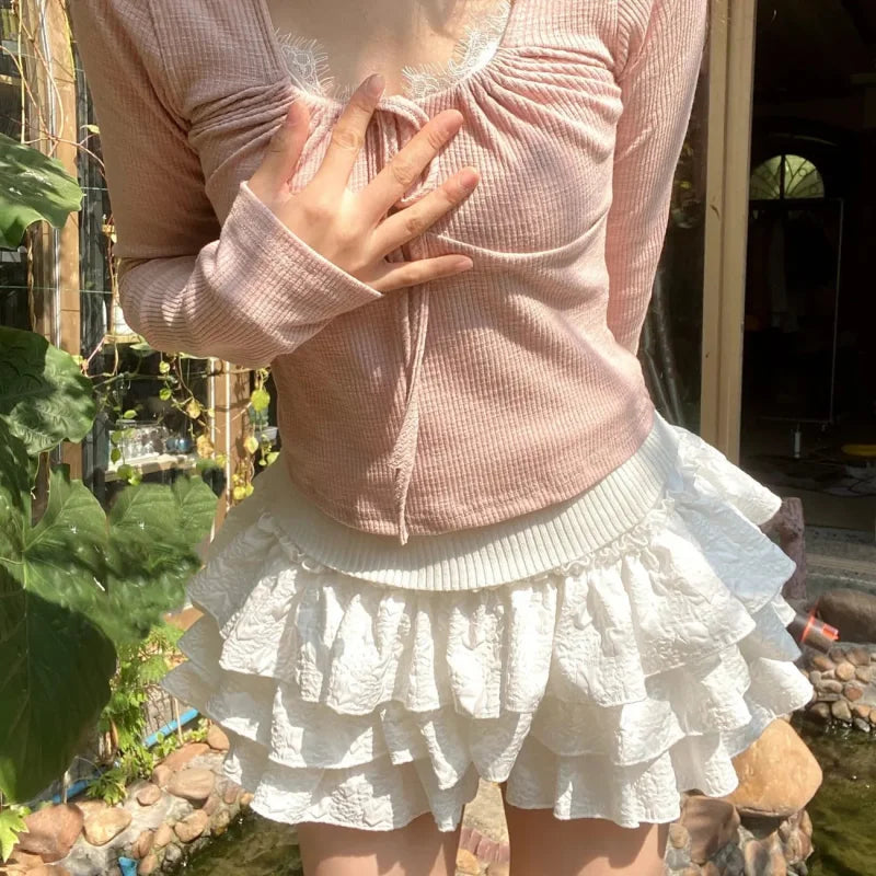 Kawaii Lolita Rock Shorts Frauen Sommer Rüschen Patchwork Layered Hohe Taille Nette Balletcore Mini Rock Tutu Petticoat Festival Outfits | Techno Shirts | Rave Clothing