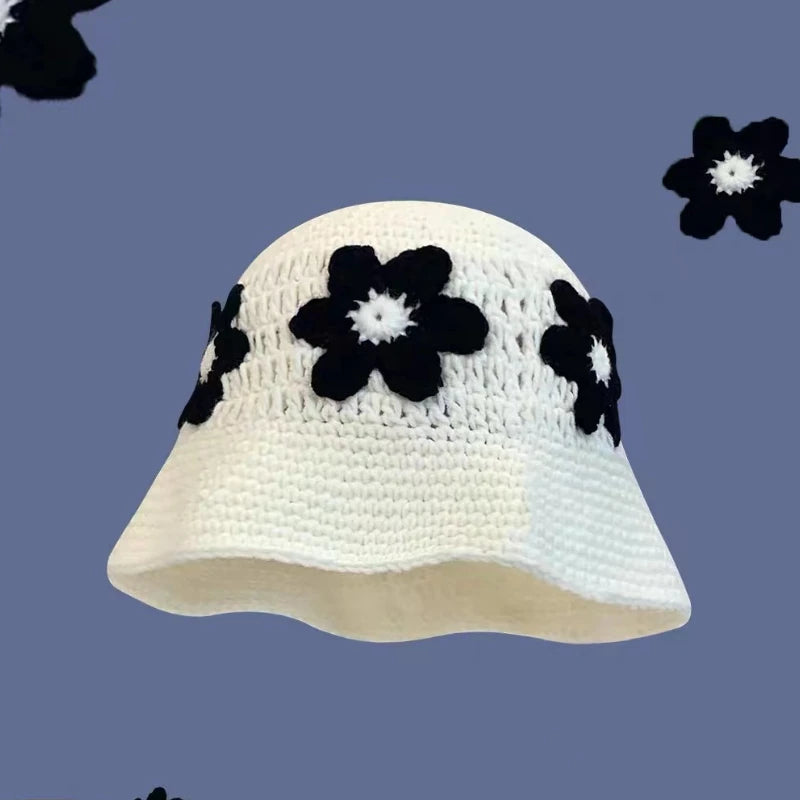 2023 herbst Neue Häkeln Koreanische Handgemachte Eimer Hut Frauen Weben Gestrickte Hut Y2k Mode Blumen Herbst Winter Mützen Becken Kappe Festival Outfits | Techno Shirts | Rave Clothing