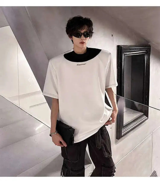 LUZHEN Original Personalisierte Farbe Kontrast Design Kurzarm T-shirts 2025, Sommer Hübsche Schulter Pad Casual Tops JY1473 Festival Outfits | Techno Shirts | Rave Clothing