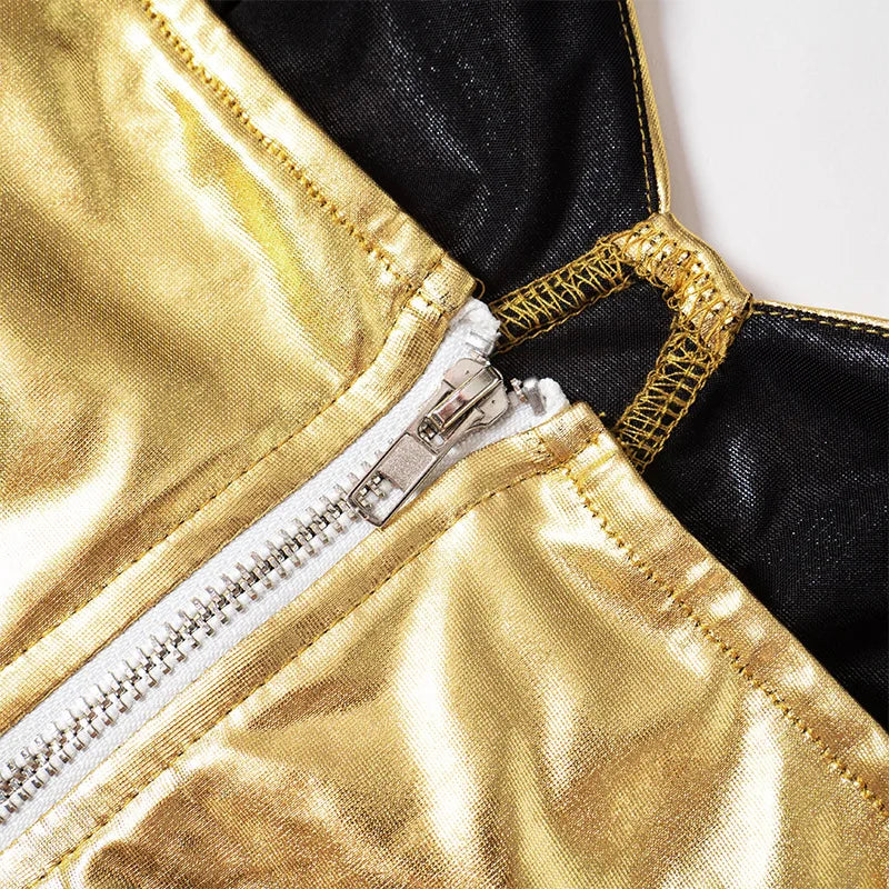 Sexy Frauen Shiny Gold Silber Bustier Crop Tops Helle PU Leder Krone Gürtel Abnehmen Taille Liebsten Low-cut Korsett top Sommer Festival Outfits | Techno Shirts | Rave Clothing